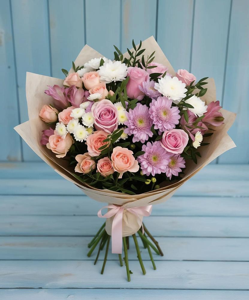 Букет цветов из: Хризантемы, Розы и Альстромерии в Алексеевке Белгородской области