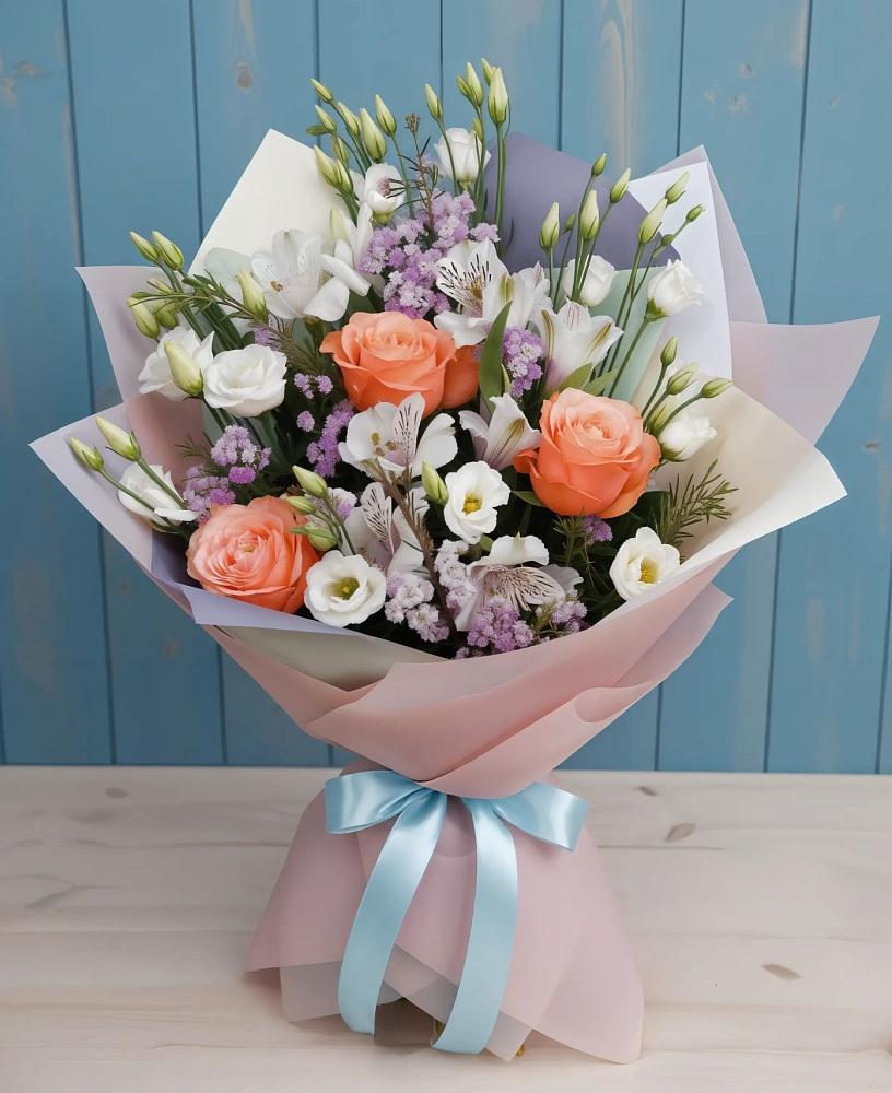 Букет цветов из: Лизиантусы, Розы, Альстромерии и Гипсофила в Алексеевке Белгородской области