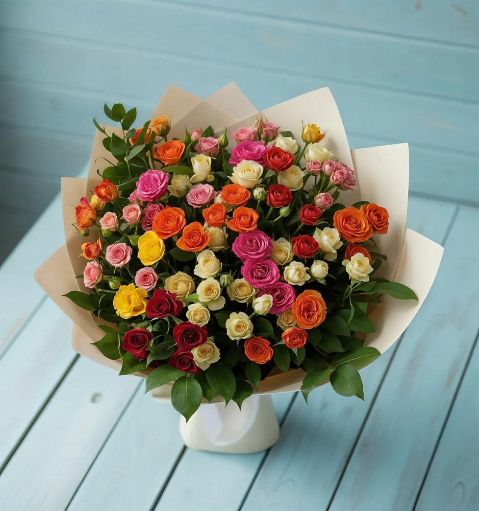 Букет Микс из разноцветных кустовых роз в Алексеевке Белгородской области